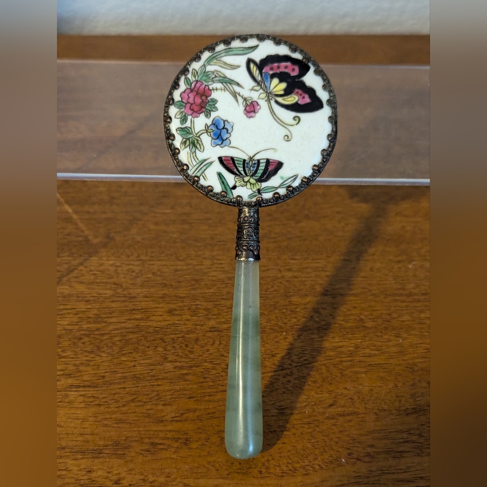 Butterfly Purse size Hand Mirror With Ornate Trim and Green Handle